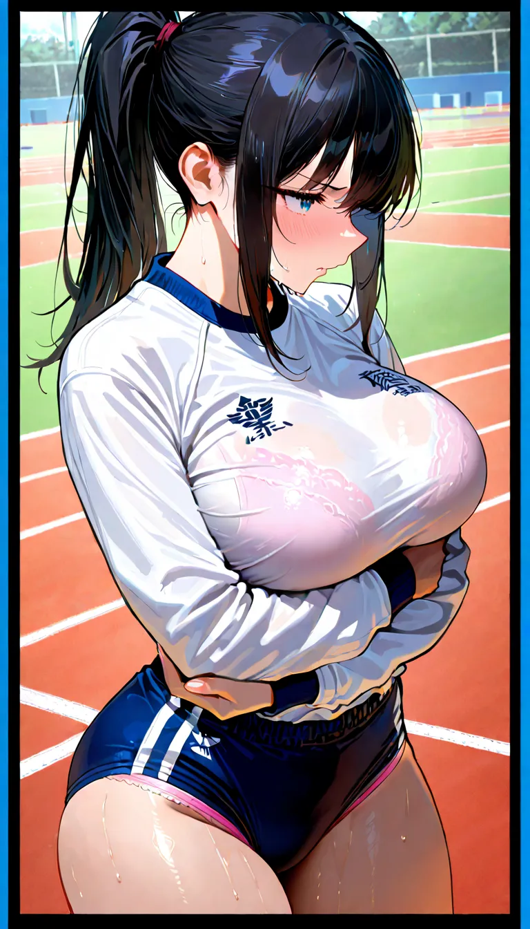 (beautiful girl : 1.3),1 girl,(White gym clothes, Long Sleeve,dark blue buruma,Pink Panties), black hair,ponytail,anger, abusive, Sports,masterpiece,highest quality,Ultra High Resolution,rich contrast that makes erectile breasts visible,high image quality,...