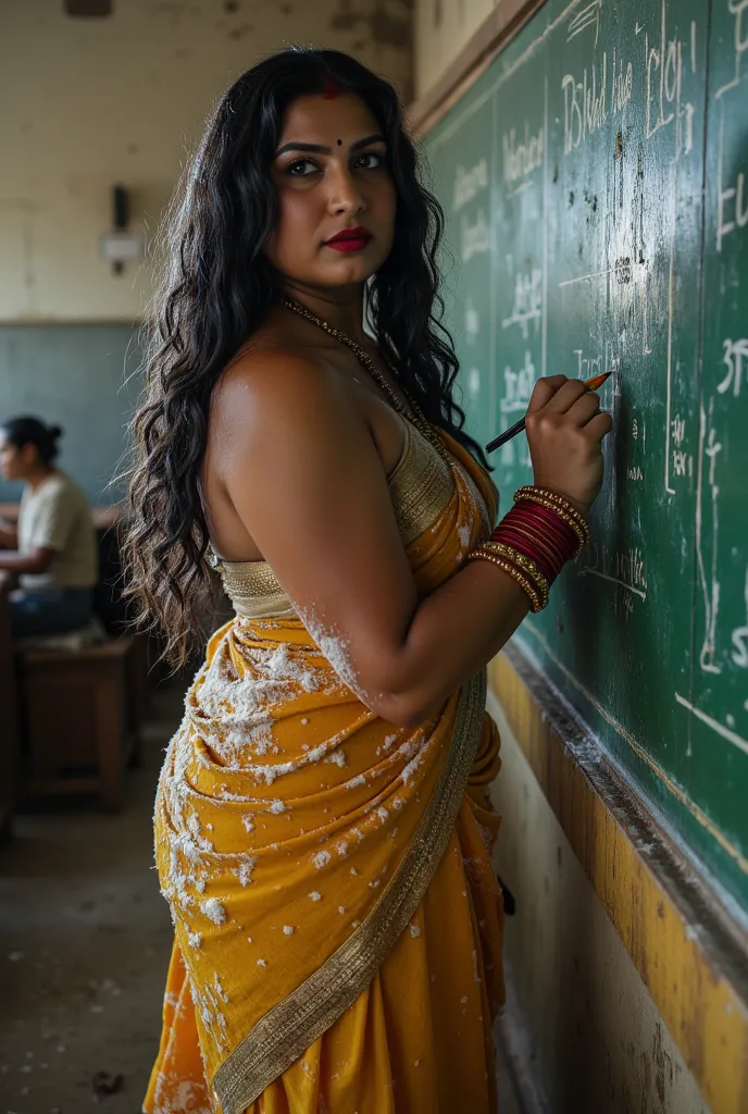  Plus size   indian pornstar , age 40+ , long black hair , very big   m cup breasts , thick shaved thighs, slutty makeup , wrapped in a saree , covered in soap lather, in a old  classroom, writing something on board  , half built  walls , looking at the ca...