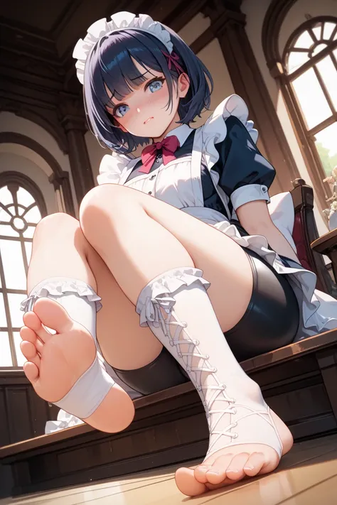 1 girl, maid, sitting, frilled socks, from below, soles, embarrassed, bike shorts, pouty lips, toeless legwear, cross-laced legwear, masterpiece, best quality, uncensored