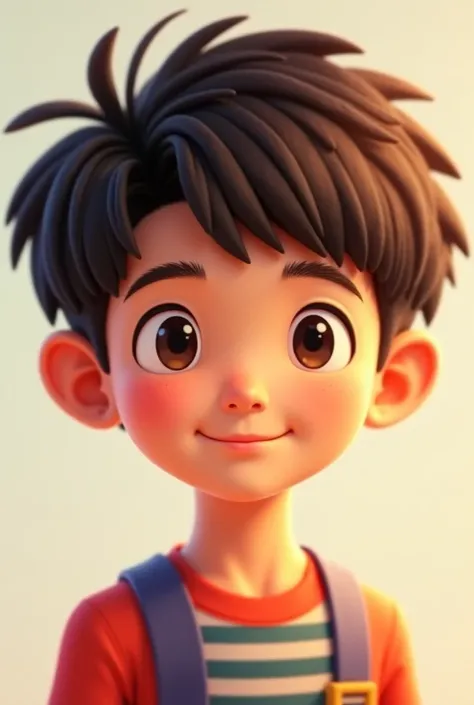 Draw a picture of a  boy short curly hair fair skin Japanese-style eyes light brown full face small nose 3D pix style