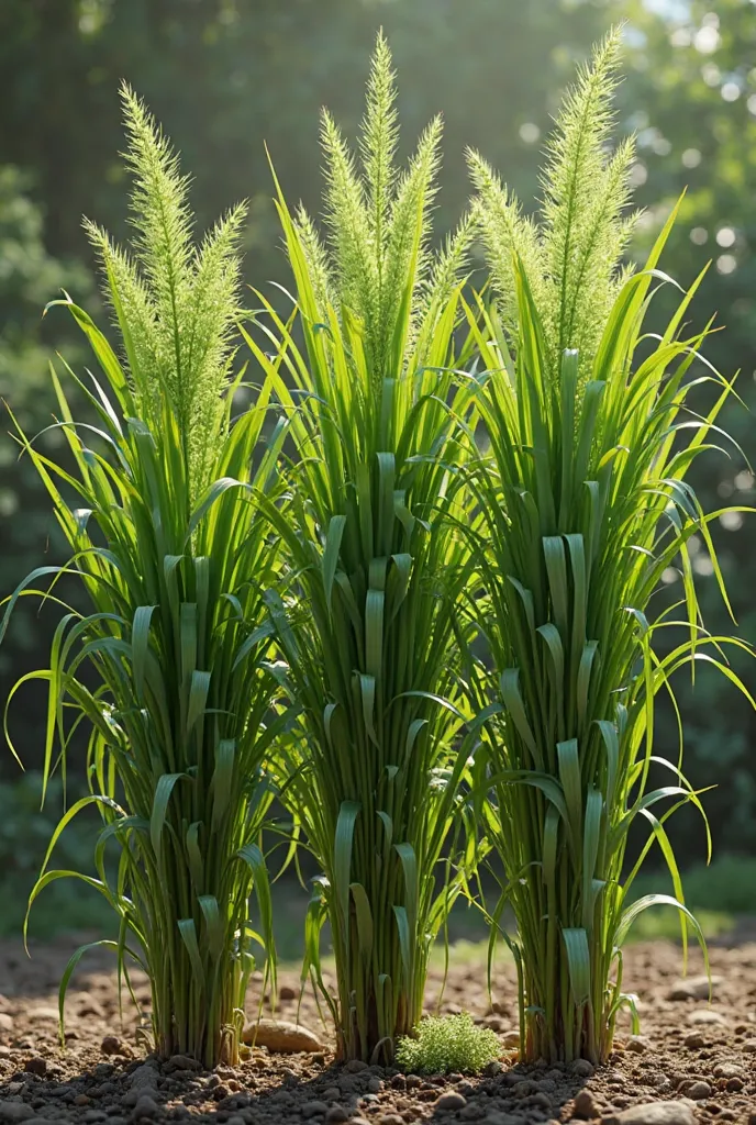 three different realistic lemon grass plant, same length and qualities but different ways of growth