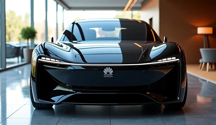 Realistic of futuristic (2025 Changan Huawei Avatr 12 ) with modification, good looking, bright (black) color, (straight front directly front) view, parked in luxury showroom 
The background features a contemporary showroom setting with polished floors and...