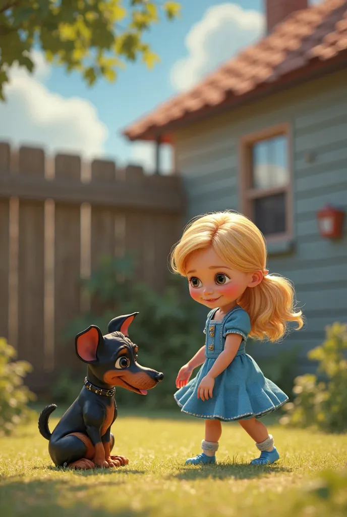 Disney inspired 3D poster/Pixar capturing a scene with an  blonde with a short dog in a blue dress by Ausa playing with her little black Pinscher dog in the backyard and the little dog with her tongue sticking out