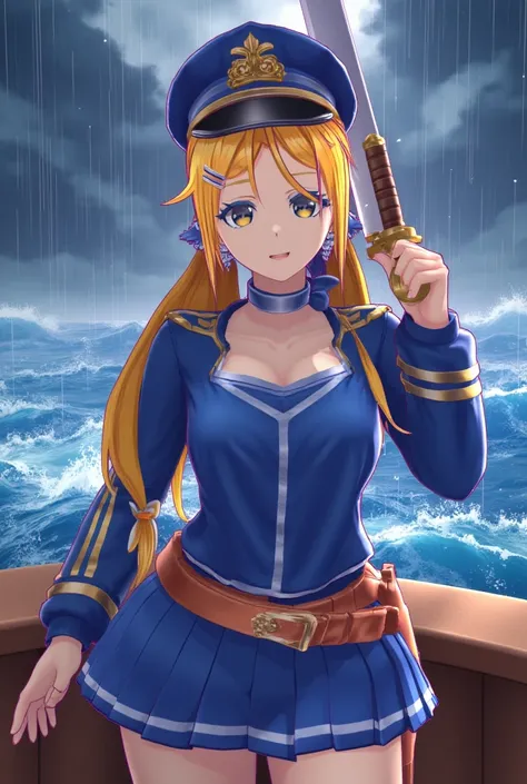 Yellow eyes yellow hair yellow hair angle wing Smile captain hat raining captain costume big breasts hold sword in the hand ocean background