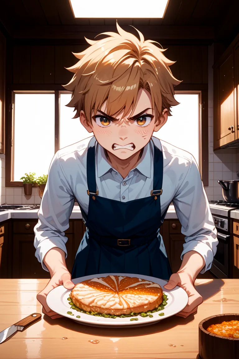 An anime-style young woman in a bright kitchen, cutting a breadcrumb-fried croquette on a plate with a knife. The croquette is golden-brown, coated in crispy fried breadcrumbs. She is wearing a male school uniform (gakuran) and glaring at the camera with a...