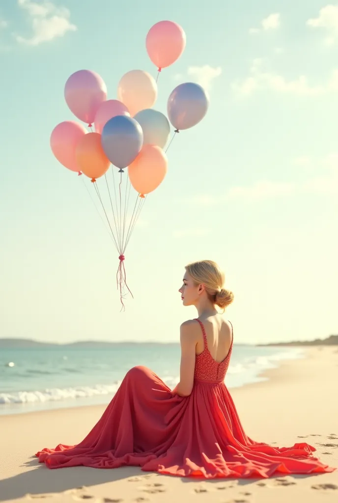 Anime blonde woman from behind sitting on the beach with pastel colored balloons and a red dress
