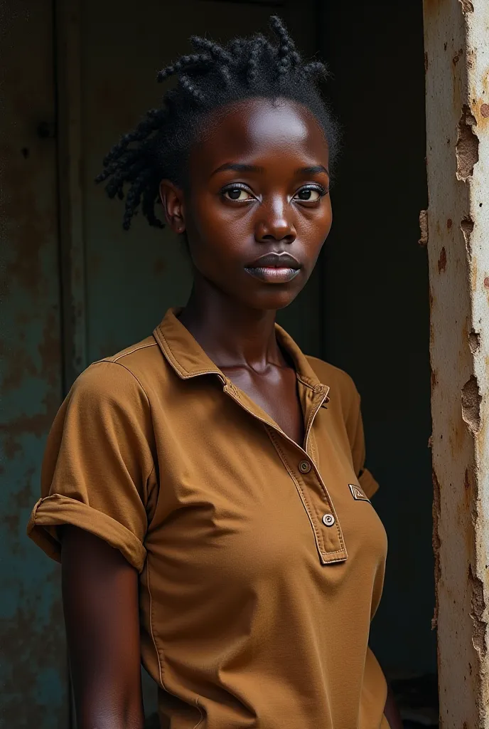 An African single mother, now alone, returning to her business, looking focused but lonely, trying to rebuild her life.