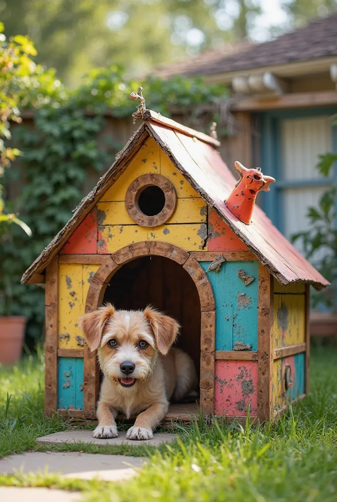 Plastic, wood and cardboard dog house 