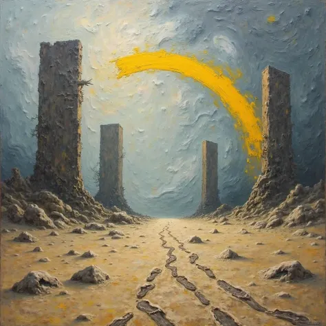 Contemporary Art Painting 

A surreal, oil-style painting blending realism and modern abstraction, capturing Clancy's themes of escape, rebirth, and resistance. The landscape is vast and barren, painted in muted blues, dusty yellows, and deep browns, echoi...