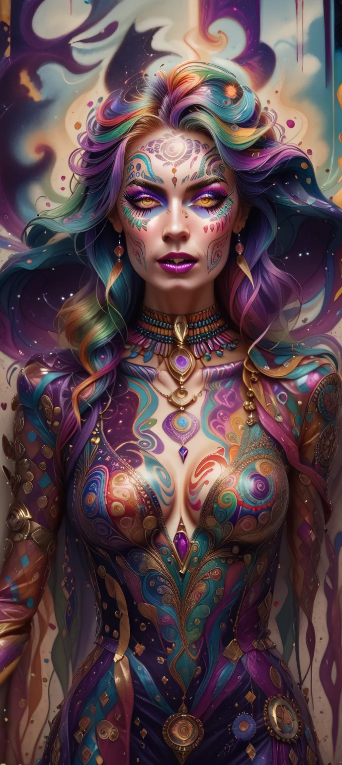  painting of a woman's face painted with colorful patterns and colors, Amanda Sage  ,  artwork Popular on Art Station,  Psychedelic art ,  psychedelic goddess ,  Ultra Detailed Fantastic Art ,   Extremely complex and colorful  ,  highly detailed visionary ...