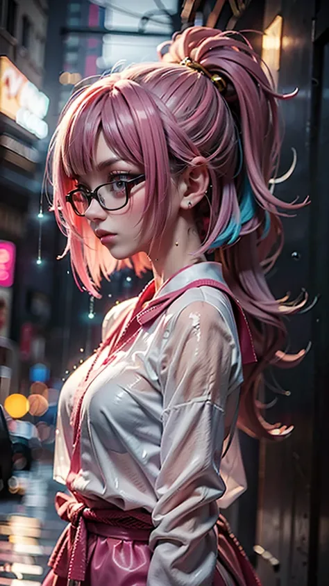 Angle: Profile: 1 Romanian Japanese female, 18 yrs old, wet mint80% and pink203 multi-colored hair, steep wavy bob cut. white-framed square glasses, golden eye shadow. Mean expression. Water droplets all over her face. Poncho made of layers of silver barbe...