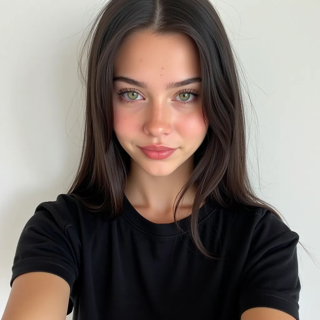 Long black straight hair, beside a white wall, green eyes, wearing a black t-shirt, long hair, taking a cute selfie 