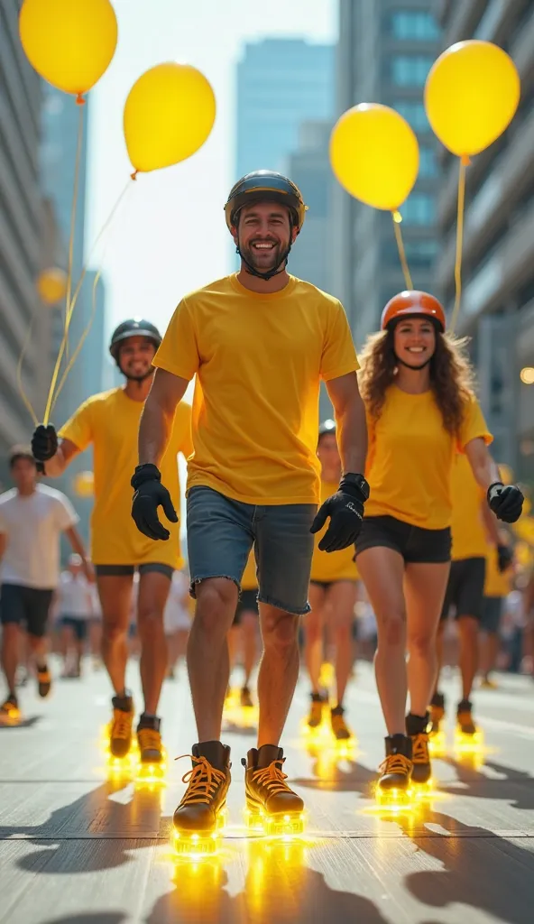 group of massive 22-year-old people wearing yellow t-shirts, hull, Gloves, luminous wheels skating around the city during the day, yellow luminous wheels, Humo amarIllo, helium balloon in the hand