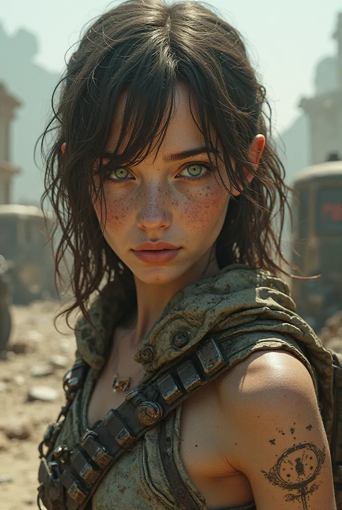 realistic photo of a girl. green eyes, birthmark on right cheek birthmark. medium brown hair. she's post-apocalyptic in science fiction