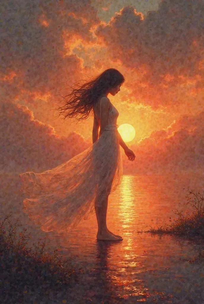 Create a painting with sunset and a girl( only the back profile) and with her ghost boyfriend 