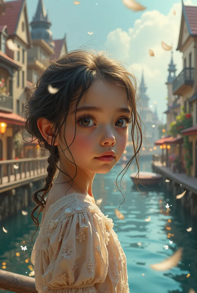 absurdres, highres,, (1girl, solo), big eyes,, townscape,, (Water Effects, Light Effects, Fluttering Feathers:1.2),