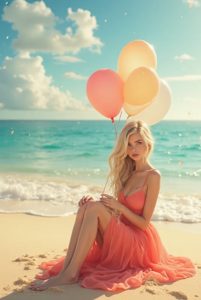 Blonde woman in a coral red dress sitting on the beach holding pastel colored balloons 