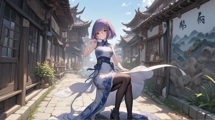 alone,  1girl, Perfect shape, breasts, Black Stockings, Convex,  stance,  Red-eye,  glasses, Skirt up, ผมดำ, purple hair,  long bangs ,  short hair , [Bob Haircut, Blue and white porcelain chinese style maxi dress,  Blue and White Porcelain Print Dress , C...