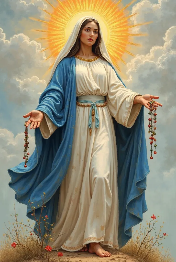 to create an image of Our Lady Mother of the campers in her image she must have the feet and the hem of the mud-soiled dress representing the challenges, in one of the folded hands holding only the Bible and in the other the outstretched hand offering the ...