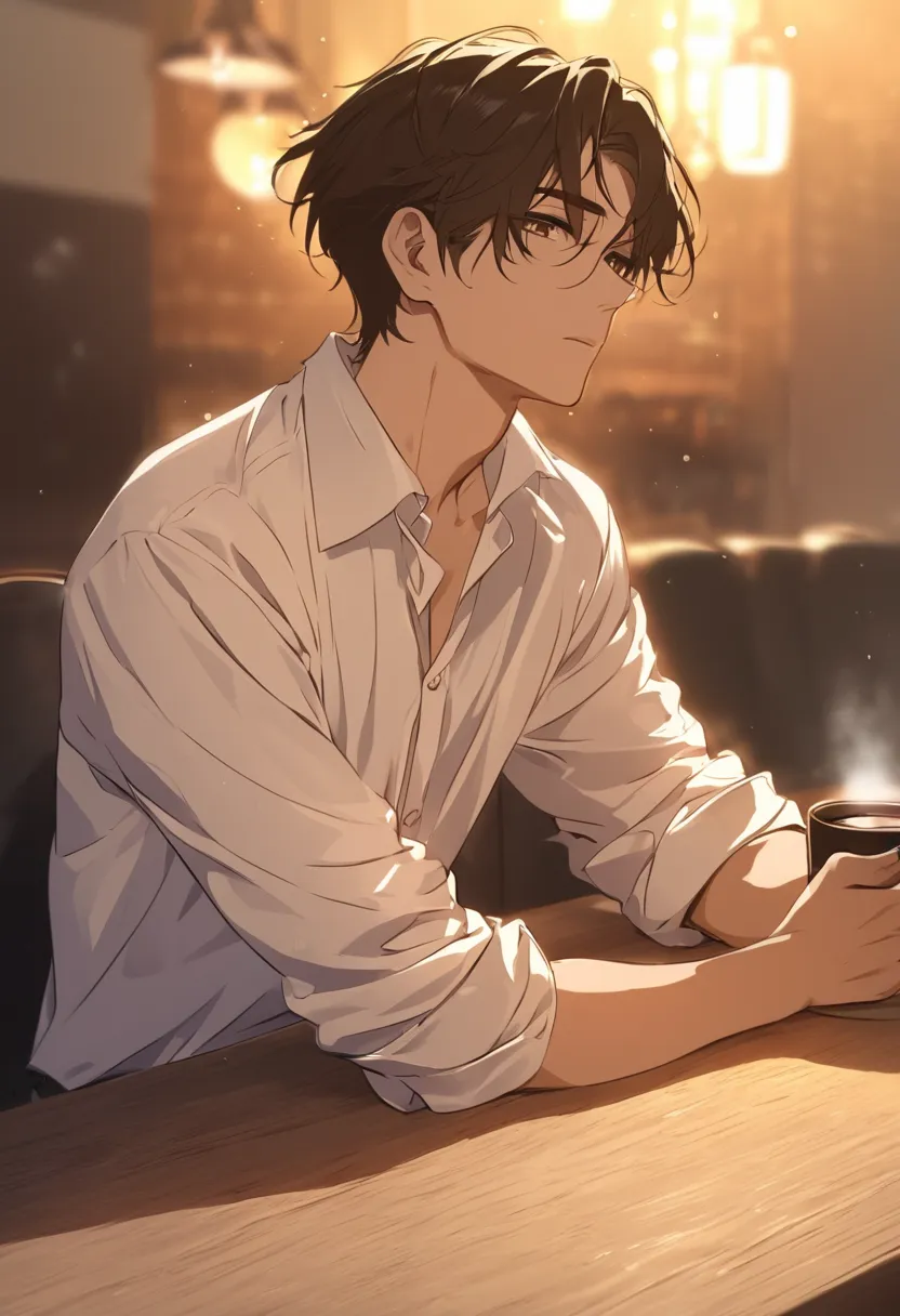 Masterpiece, ultra detail, high quality, 8K, cinematic lighting, stylish composition, subtle sensuality, relaxed pose.

An anime-style illustration of a stylish young Japanese man in a modern café setting. He wears a crisp white button-up shirt with the sl...