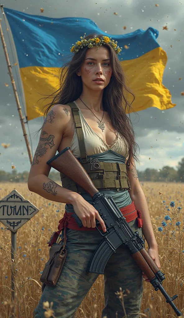 A young Ukrainian female warrior, heavily armed with an AK47 rifle and tattooed all over her body with the Ukrainian trident motif, is the central figure. She is standing slightly off-center to the left of the picture. She is holding an AK47 rifle in her h...