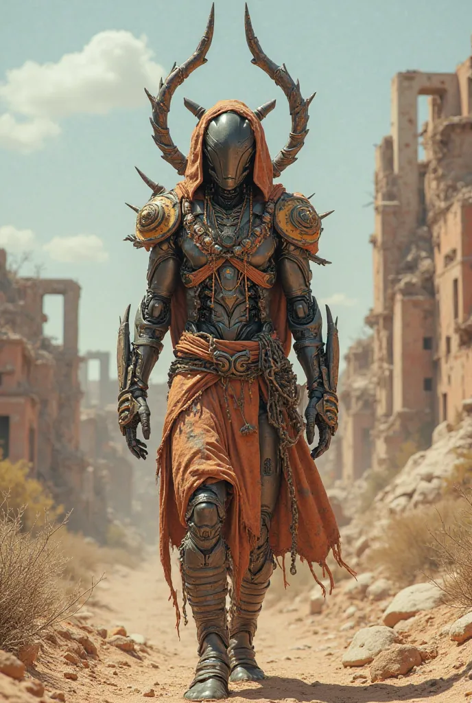 create an image of a shamanic cyborg robot shaman from the future wearing futuristic shamanic clothing and ornaments accessories the shamanic robot is walking on the wastelands of an dessert industrial ruins taken over by nature  this is the future from 50...