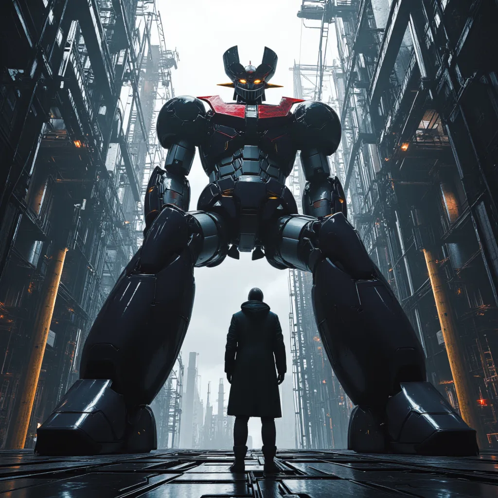  Modified Mazinger Z ,  Mazinger Z is 100 meters tall.   Constructed with modern materials such as steel  ,   Carbon Fiber  ,   Other industrial elements are also visible  ,  Just like the real thing  ,    I'm standing ahead at the height of a high-rise to...