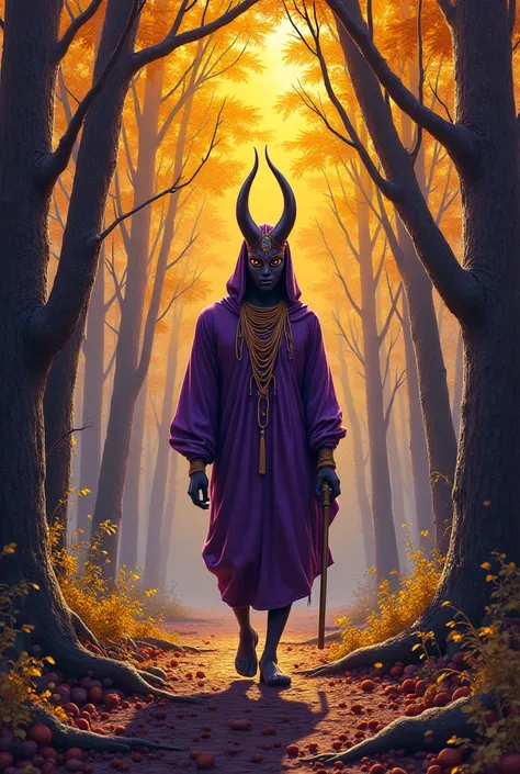 Oxsósi Orixá from Yoruba culture , The great Universal Hunter, walking through a forest where trees have golden leaves and rich fruits. realistic background, estilo Dark Fantasy e Retro Sci-Fi Vintage,  shades of purple and gold . [ Format: 1024x1792]