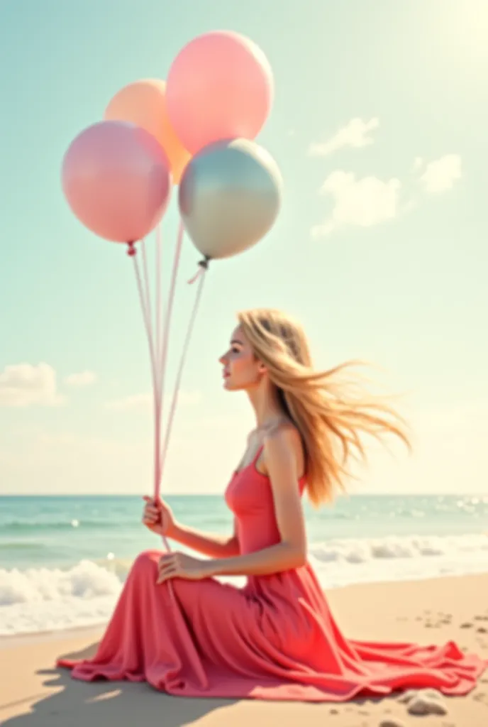 Blonde woman in a coral red dress sitting on the beach in her hand with pastel colored balloons from behind