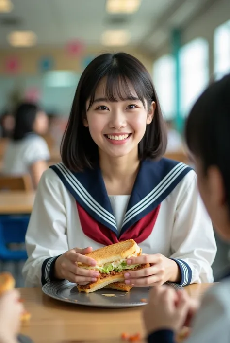 A photo of a beautiful Japanese actress taken for a promotional video. . Shooting data: Full-frame digital camera, 50mm, f14.1/125sec, iso100, daylight 1girl,18yo smile (((Bobcut)))　big eyes　round face　High school girl, eating a sandwich with friends in th...