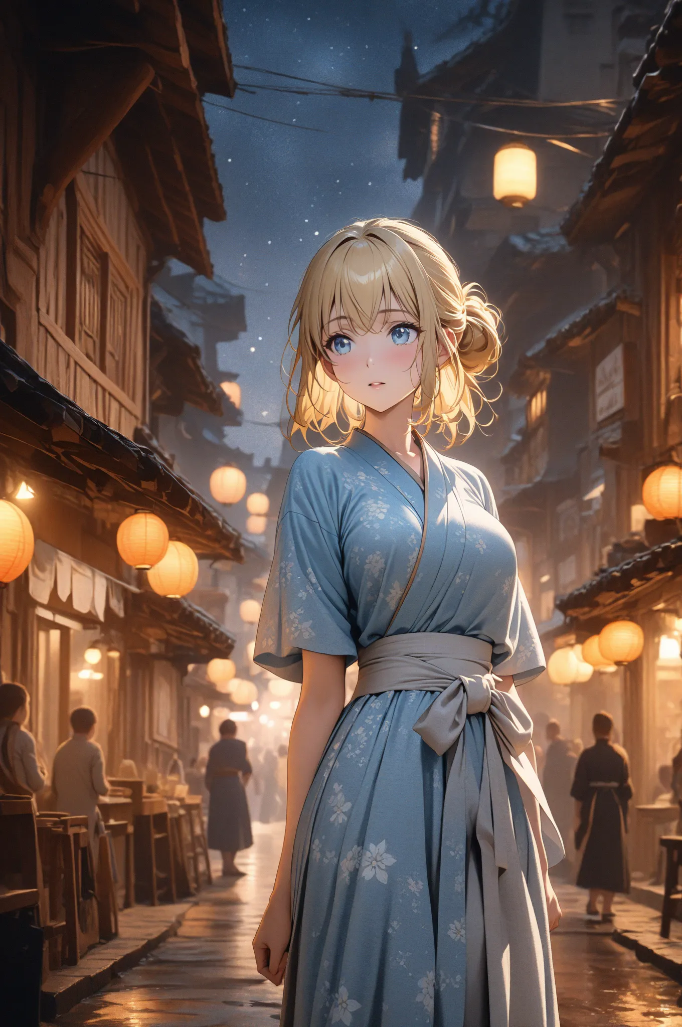 (masterpiece, detailed:1.2), One Girl, (18-years old), blonde one updo, Medium Breasts, sky blue eyes, BREAK, Highest quality, town, Kimono, Fullbody from front below:1.3, at night