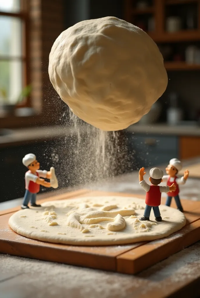 1. Preparing the Dough
"A slow-motion shot captures an enormous slab of pizza dough being tossed high into the air by tiny chefs. Some knead the dough on a flour-dusted countertop, while others stretch it over a wooden board. The camera follows fine partic...