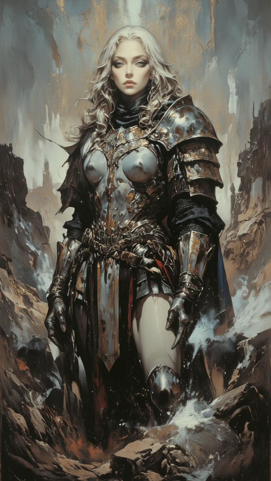 Female Knight，full body, A Strong Woman with a Mysterious Temperament ， Wayne Reynolds draws，with a highly detailed and dynamic style, 