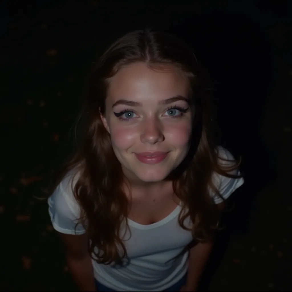 The image is of a white 20-year-old girl, she has brunette long hair, she has eyeliner, the image is in almost aerial high-angle shot and it is completely in focus, she is almost 1 meter away from the camera, it is completely night, the background it's so ...