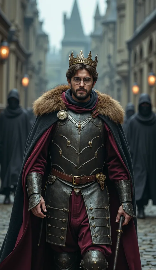 View from front, american plan, he look at camera, harry potter ((((no beard)))), walking (((()))) wearing ((((medieval king armor and big cape with fur on the collar and a crown inspired by harry potter lore and round glasses, holding a magic wand))), In ...