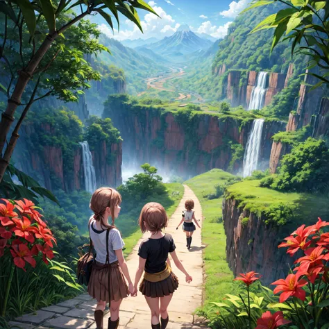 pink brown brown gold hair、 eye、  Has hair tied  、Two cute people、 Check Mini Skirt、  black t-shirt、 Light clothing、 tank top、 camisole、high socks、 Boots、 teeth inside、  The Road Is Crooked 、Mountain々、Stick together  、 bamboo forest、 chest pocket  、rock sa...