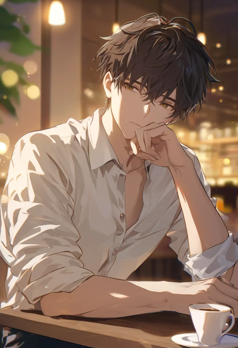 Masterpiece, ultra detail, high quality, 8k, cinematic lighting, stylish composition, subtle sensuality, relaxed pose.

An anime-style illustration of a stylish young Japanese man in a modern café setting. He wears a crisp white button-up shirt with the sl...