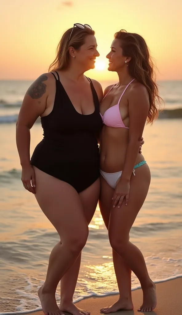 Hyperrealistic photo of a curvy middle-aged woman in black one-piece swimsuit, sunglasses on her head, standing next to her trans daughter in pastel bikini, soft feminine curves, bare feet in the sand, sunset in the background, warm ocean breeze, golden li...