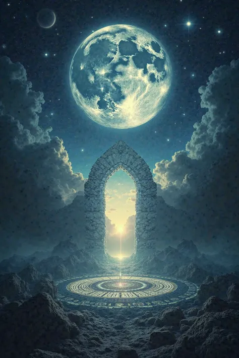 A luminous full moon shining over a vast celestial landscape, with energy waves expanding towards the zodiac wheel. A mystical cosmic gate is opening, symbolizing the continuation of the astrological journey. The atmosphere is deep, mysterious, and powerfu...