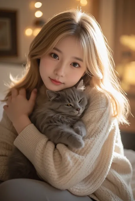 Best Quality, masterpiece, Limit Details ,  high depth field , Film Tone  ,  intricate depiction details , 8k), The a beautiful korean girl, slightly  chubby has a calm expression,  She looks happy , eyes are big and her eyes are full ,  The cat snuggles c...