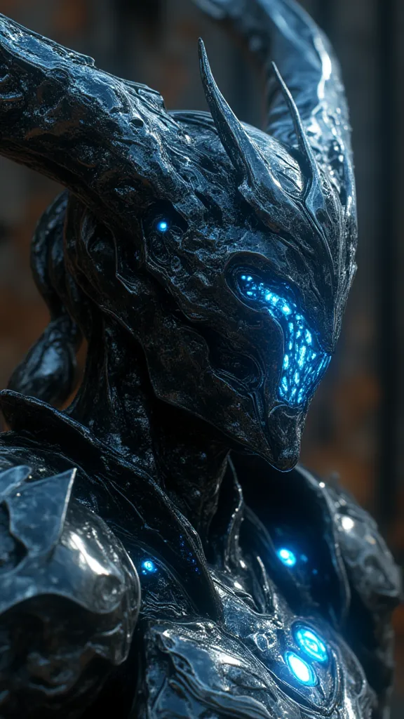 ((best quality)), photorealistic, photorealism, Photorealistic, high resolution, the god of creation, The cyber man, face covered with futuristic crystal glass, Crown like mechanical sharp horn, grand mighty warrior,black sharp armor