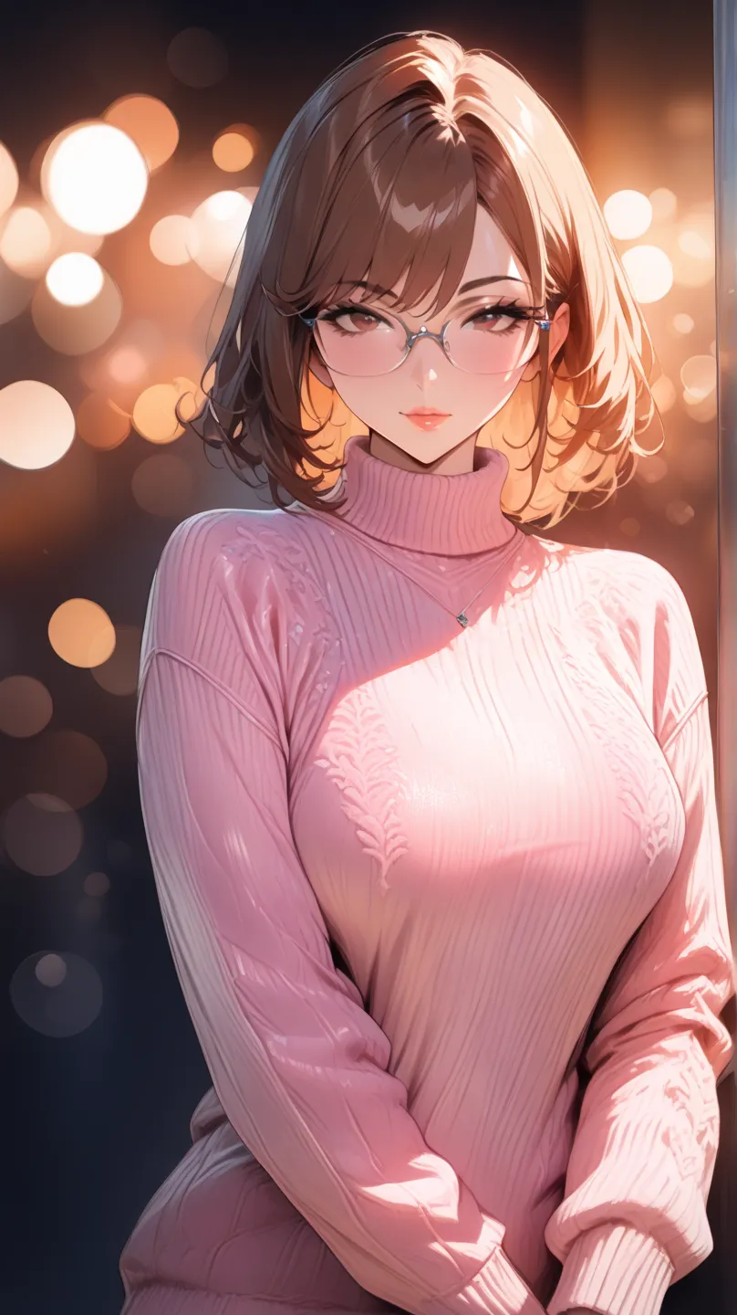 ( BREATHTAKING ADULT BEAUTY,Intelligent and graceful ,Shiny pink sweater,brown hair,(best quality,masterpiece:1.2), full length shot, Perfect Figure,glasses,  ultra clear ,exquisite face,super detailed,Bokeh)