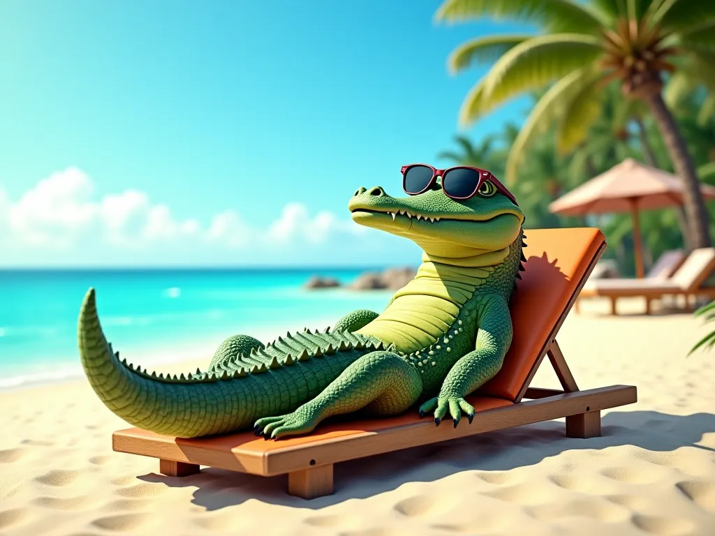 A crocodile, wearing sunglasses, lying on a sun lounger on the beach