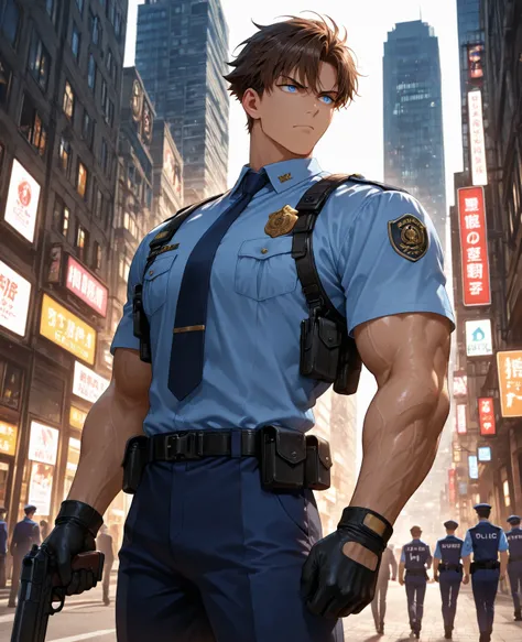 1guy, police officer, holding gun, handsome, absurdres, brown hair, blue eyes