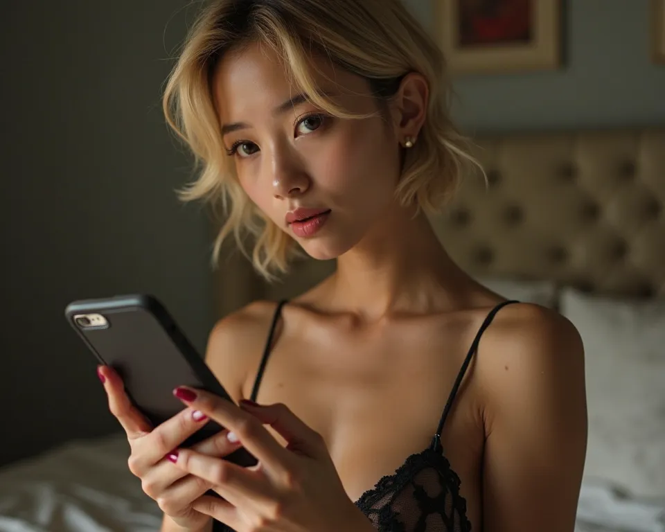 Coy smile Real Blonde  looking at phone  phone  Small breast tiny body   asian korean Japanese Cinema Blonde Real photo sexy slutty slut whote escort ,  short hair coy smile joggers top