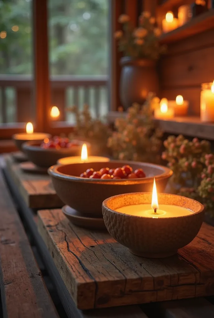 There are many bowls with candles on the table in a wooden house，And a lot of bowls with food, Healing light, understood sacred cup, Candle in the foreground, dance meditation, static, Ample light ,  Beautiful atmosphere , Quiet atmosphere, Light with cand...