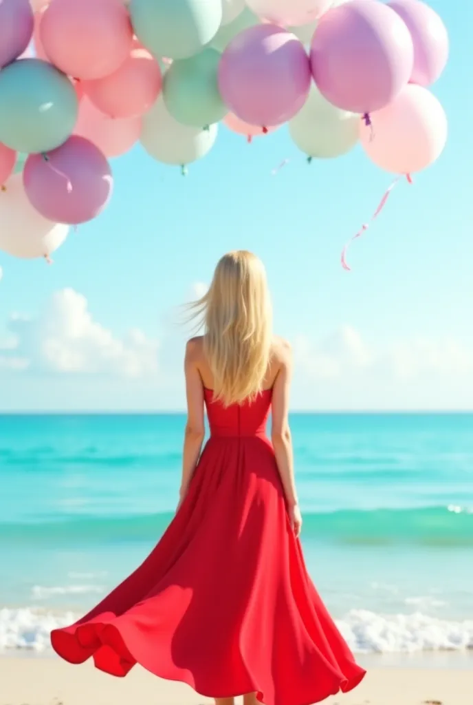 Blonde woman from behind dressed in red with pastel colored balloons on the sea