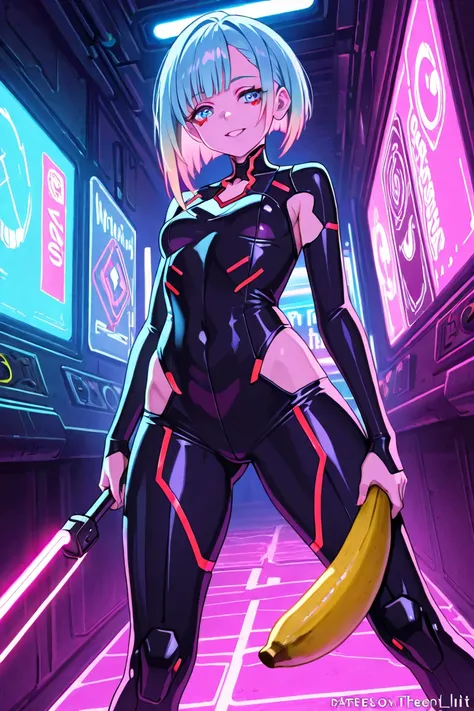 girl in bodysuit,  Cyberpunk room , holds a large banana with the inscription Nefort in his hands