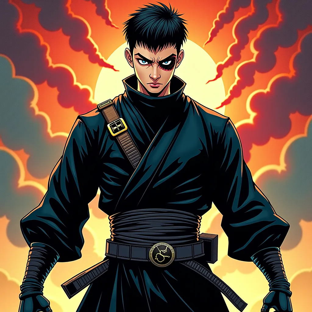  a ager, thin, man, Male Hair, strong,  young, Japanese, dressed in a black full body ninja costume, Ninja mask,  gray eyes,  scar on the eye , style with belts and very rude,  Comic style image.