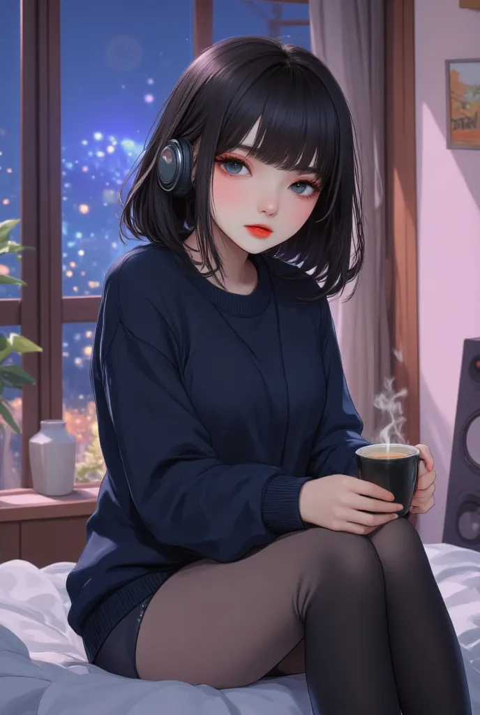 Anime-style lofi art of a dreamy young female with short dark blue hair and deep blue eyes, sitting on her bed at night with oversized black headphones, lost in the rhythm of lo-fi music. She wears an oversized black sweater and thigh-high socks, holding a...